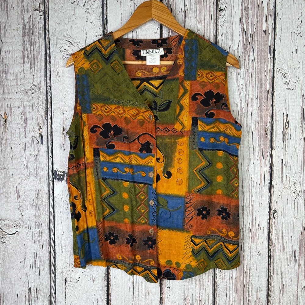 Vintage 1990s Timbuktu Ladies’ Vest Women’s Small Aztec V-Neck‎ Button Down EUC